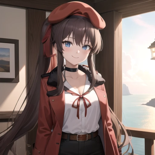 ((masterpiece)),(best quality),official art,extremely detailed CG,unity 8k wallpaper,ultra detailed,beautiful detailed eyes,extremely detailed face,1girl,solo,upper body,looking at viewer,female commander (girls' frontline),termichan (not-a-bot),smile,red beret,very long hair,brown hair,side ponytail,one side up,red headwear,bangs,blue eyes,choker,fur trim,red jacket,open jacket,white shirt,red ribbon,shirt ribbon,large breasts,cleavage,short shorts,black shorts,shorts rolled up,black thighhighs,belt,loafers,<lora:Female-Command(remake):1>,