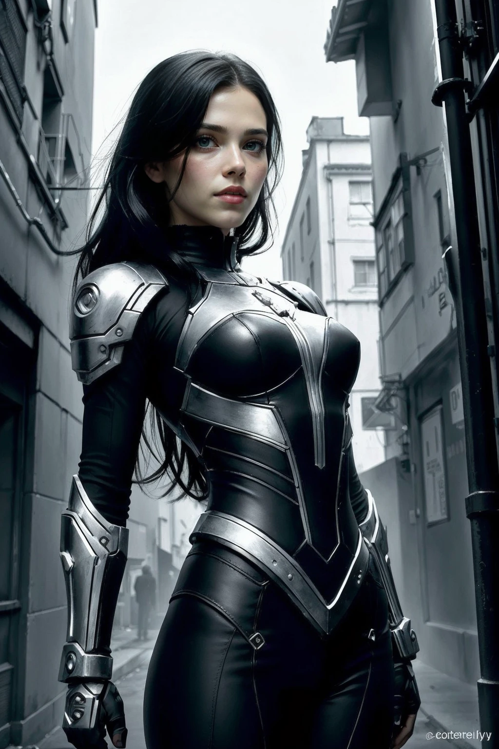 (best quality, masterpiece, colorful, dynamic angle, highest detailed)upper body photo, full body photo, fashion photography of cute kat1emcgrath-135, black hair, green eyes, mechanical arms, cyborg, dark mood, dystopia, glowing, looking at viewer, standing, long hair, bokeh (intricate details, hyperdetailed:1.15), detailed, moonlight passing through hair, (official cyberpunk art, extreme detailed, highest detailed), HDR+