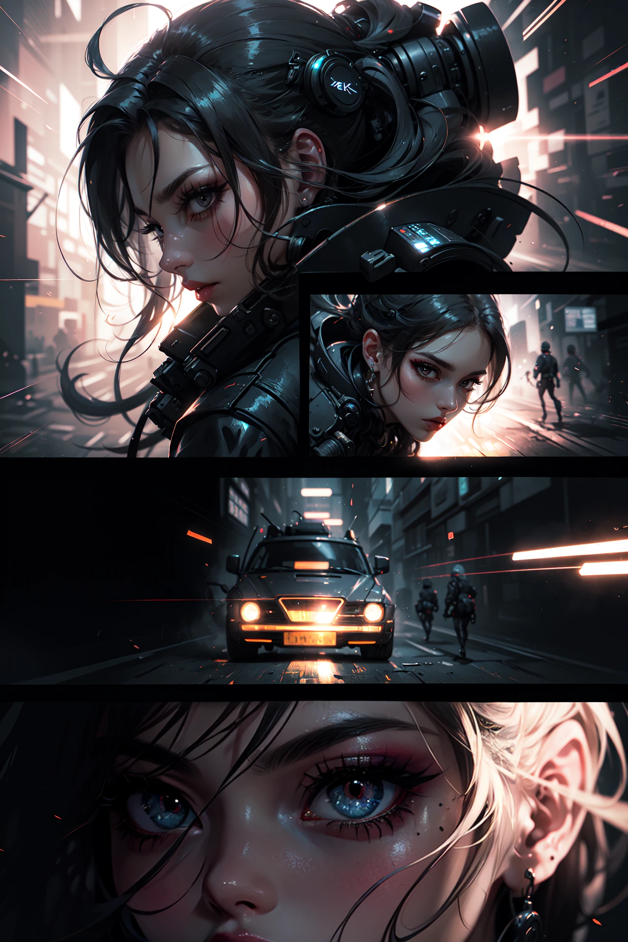 ((8k, best quality, masterpiece, extremely detailed, Rule of thirds)), (((light play, shadow play))), ((abstract background)), ((provocative)), ((action photography)), ((cinematic, film grain)), ((anime aesthetic)), ((comic-style)), ((split screen)), ((soft light passing through hair)), <lora:CyberpunkStyleV3:0.6>