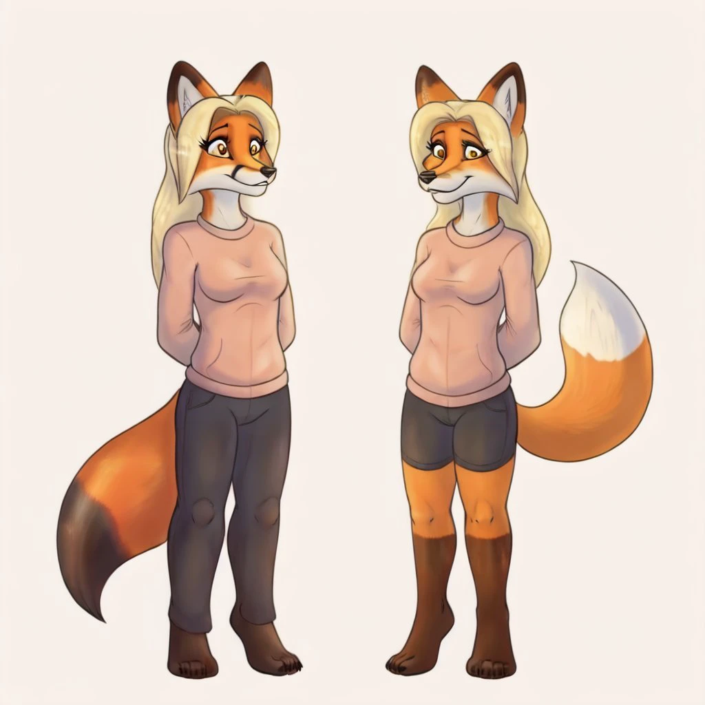 <lora:Pavlusha_v1:0.7>
masterpiece, fox, pavlusha, female, full body, blonde hair, red bow, standing on 2 legs,
clothed, pink sweater, black pants, hands behind back