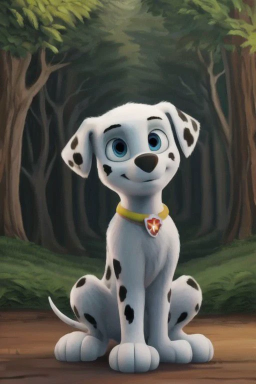 paw patrol, marshall, dalmatian, feral, male, ((solo)), sitting, realistic fur, forest, anatomically correct, detailed, detailed background, best quality, masterpiece, detailed eyes, detailed pupil,