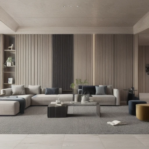 a living room with a couch, chair, coffee table and a rug on the floor and a window, muted colors, a 3D render, light and space,Dark style,Marble elements in the background