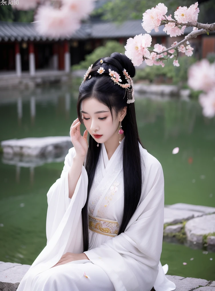 masterpiece, best quality
1girl, black hair, breasts, chinese clothes, closed mouth, dress, earrings, falling petals, flower, hair bun, hair ornament, hand on own face, hand up, jewelry, long hair, long sleeves, petals, single hair bun, sitting, solo, tassel, white dress