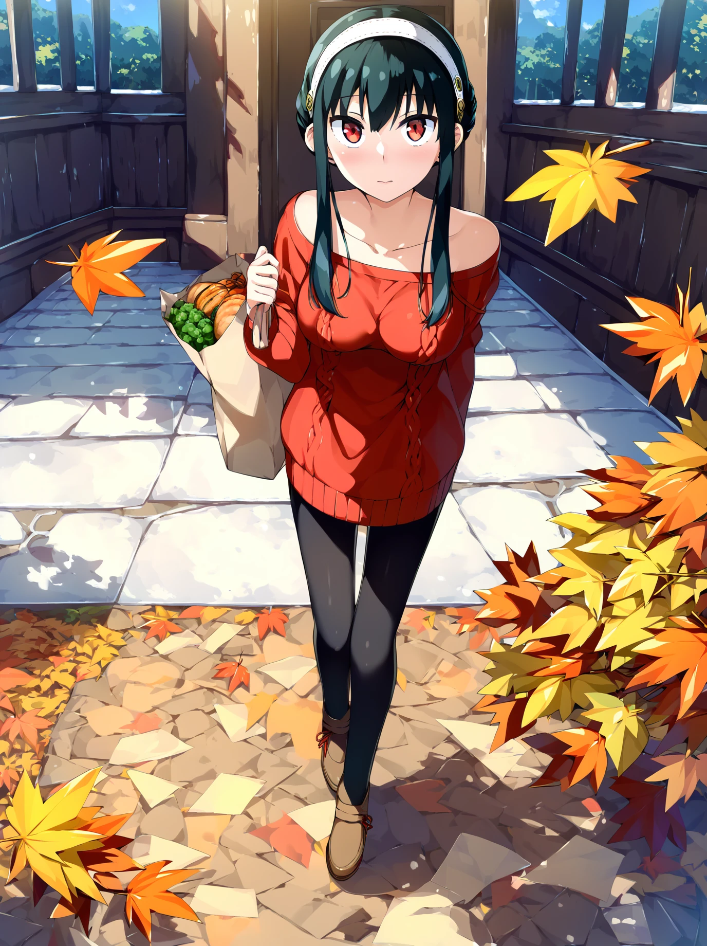 score_9, score_8_up, score_7_up, best quality, masterpiece, uncensored, source_anime, by kantoku
BREAK
yor briar, 1girl, arm behind back, autumn, autumn leaves, bag, bare shoulders, black hair, black pantyhose, breasts, brown footwear, closed mouth, collarbone, day, dress, dutch angle, food, from above, full body, hairband, holding, holding bag, long sleeves, looking at viewer, looking up, medium breasts, off-shoulder sweater, off shoulder, outdoors, pantyhose, paper bag, red eyes, red sweater, shoes, short hair with long locks, sidelocks, solo, standing, sweater, sweater dress, vegetable, white hairband
<lora:kantoku_pony_v1-000015-32rank:1>