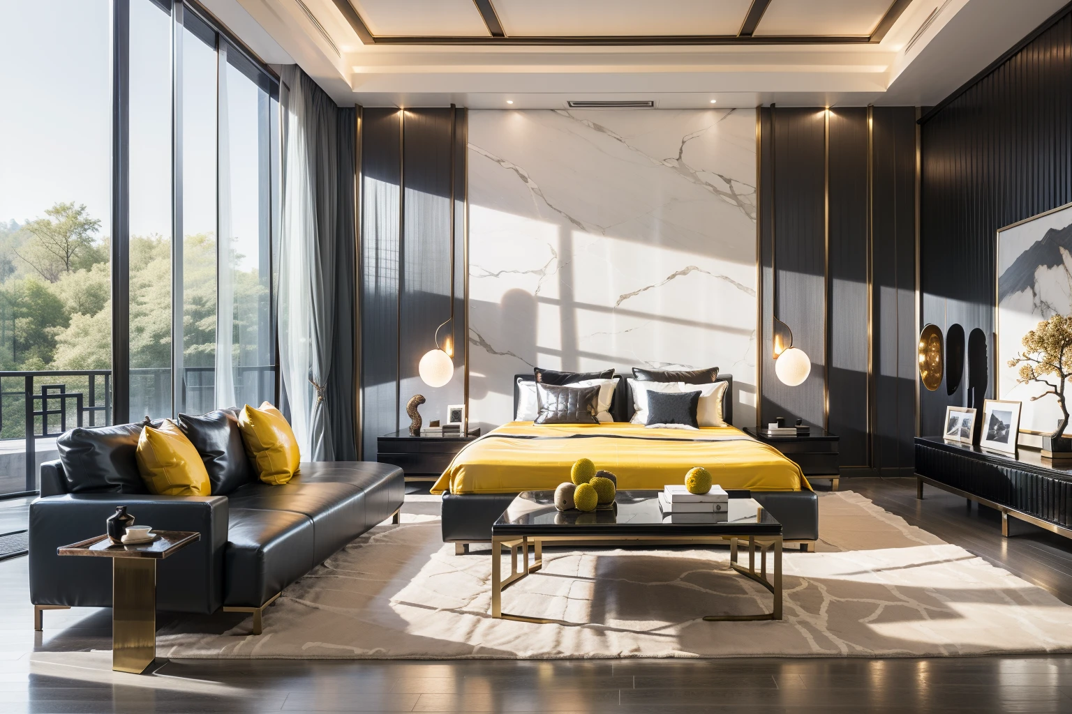 Lao Chen Jingdian, bed, scenery, no humans, tree, window, table, book,interior design, living room, masterpiece,best quality,unreal engine 5 rendering,movie light,movie lens,movie special effects,detailed details,HDR,UHD,8K,CG wallpaper,Modern Luxury Art Colors, Yellow Classic