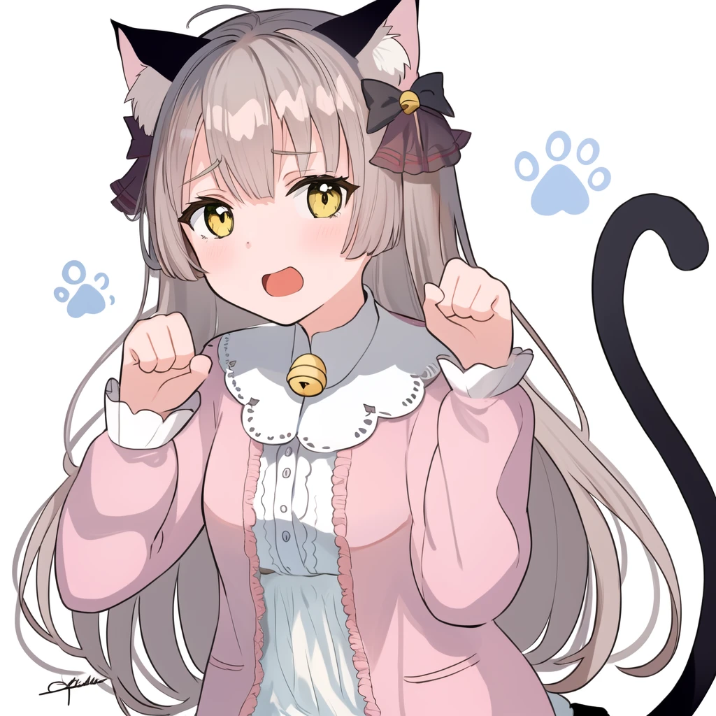 pajamas, [pink pajamas|(pink jacket:1.3)], ogasahara hisame \(heaven burns red\), animal ears, cat ears, 1girl, tail, solo, cat tail, bell, bow, blush, ribbon, looking at viewer, white background, tail ornament, paw pose, open mouth, cat girl, dress, animal ear fluff, white bow, tail bow, long sleeves, jingle bell, signature, black footwear, frills, <lora:ogasahara_hisame:1>