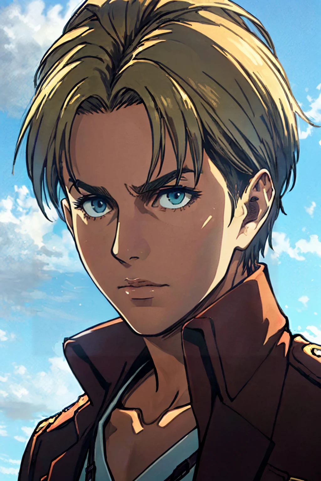 1girl,  solo,  Nanaba,  Attack on Titan,  blue eyes,  wore standard Survey Corps uniform with a light-colored v-neck underneath,  short light hair,  petite build,  calm,  beautiful,  handsome,  charming,  alluring,  (standing),  (upper body in frame),  Wit Studio anime style,  simple background,  green plains,  cloudy blue sky,  perfect light,  perfect anatomy,  perfect proportions,  8k,  HQ,  HD,  UHD,  (best quality:1.5,  hyperrealistic:1.5,  photorealistic:1.4,  madly detailed CG unity 8k wallpaper:1.5,  masterpiece:1.3,  madly detailed photo:1.2),  (hyper-realistic lifelike texture:1.4,  realistic eyes:1.2),  picture-perfect face,  perfect eye pupil,  detailed eyes,  portrait,  dynamic,  cinematic,<lora:EMS-269932-EMS:0.700000>,<lora:EMS-498-EMS:0.200000>