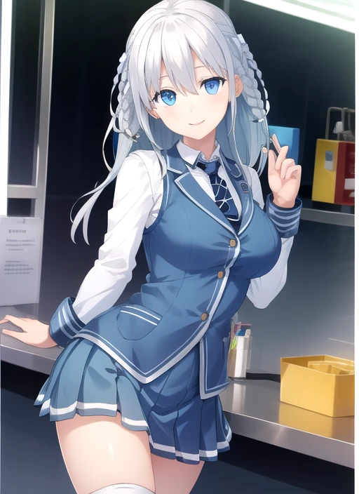 (masterpiece, best quality:1.2), <lyco:os-tan_10-tan-10:0.9>, cowboy shot, solo, 1girl, madobe touko, smile, looking at viewer, hair ornament, vest, necktie, long sleeves, skirt