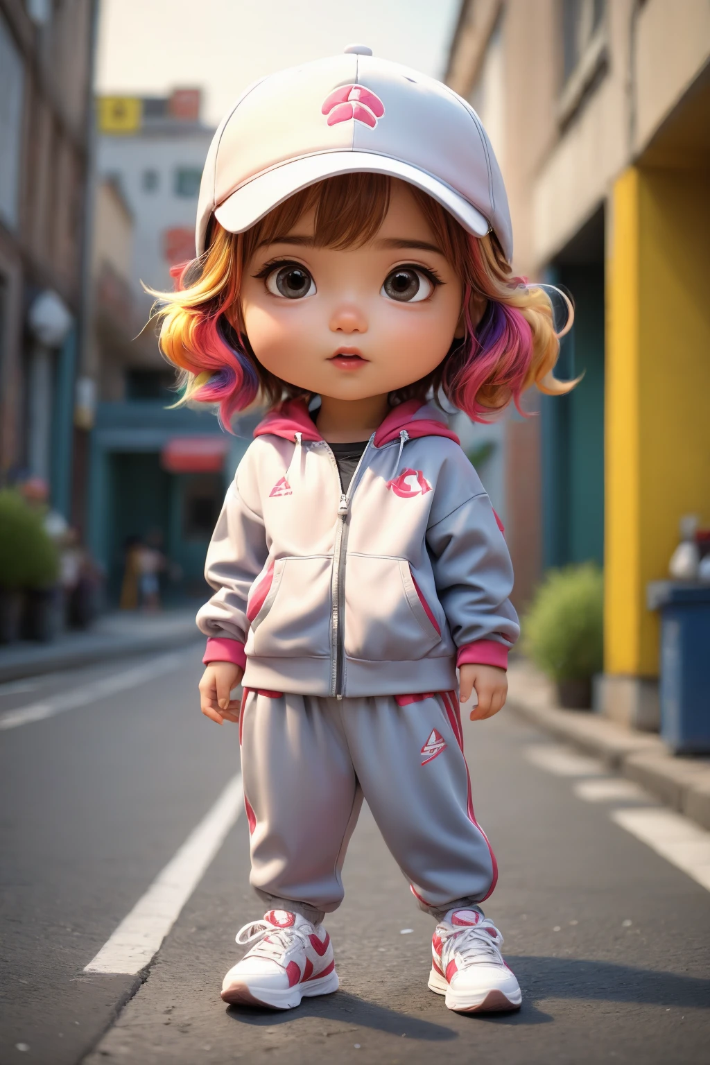 masterpiece,best quality,1girl,solo,cute,wide-eyed,chibi,child,Orange hair,(Athleisure_tracksuit:1.5),(Sneakers_with_colorful_soles:1.4),(Baseball_cap:1.3),(Urban_market_background:1.4),