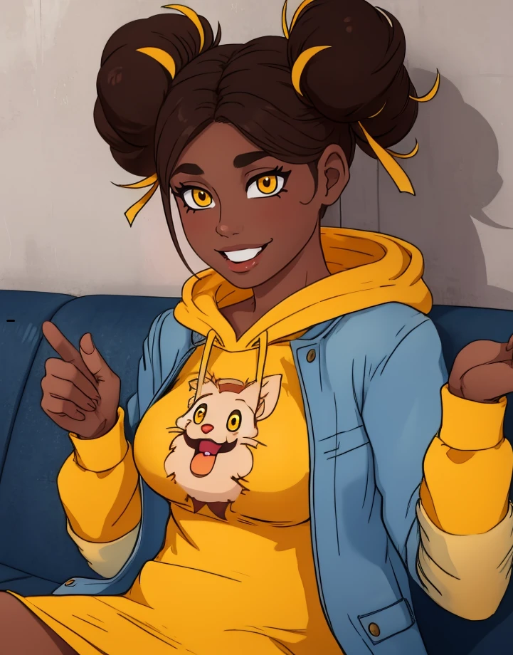 charlotte,yellow eyes,double bun,hair hair ribbon,dark skin,
blue jacket,yellow sweater,hood down,
sitting,upper body,smile,
subway,
(insanely detailed, masterpiece, best quality),(solo),<lora:Charlotte-11J:0.8>,