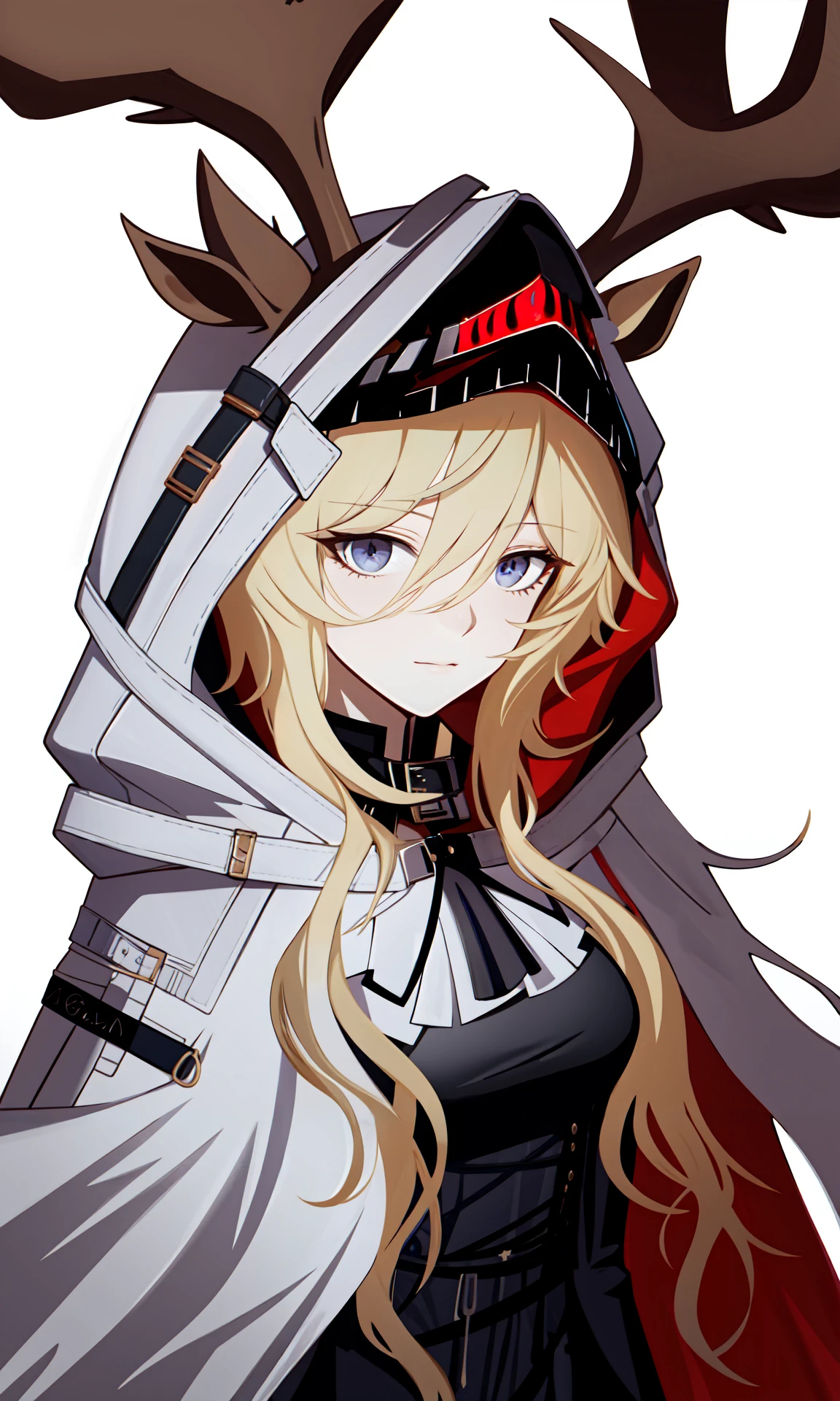viviana \\\(arknights\\\),long hair,blonde hair,animal ears,deer ears,hood,bangs,hood up,hooded cape,cape,hair between eyes,ears through headwear,white cape,dress,blue eyes,black dress,gloves,candle,<lora:èèå®å¨:1>,, 1girl,
, (masterpiece,best quality:1.2),absurdres