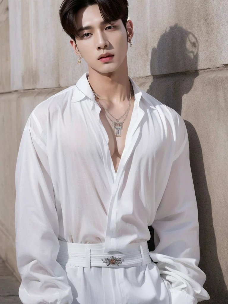 masterpiece, best quality
realistic, jewelry, 1boy, shirt, earrings, male focus, solo, white shirt, necklace, korean human, korean boy