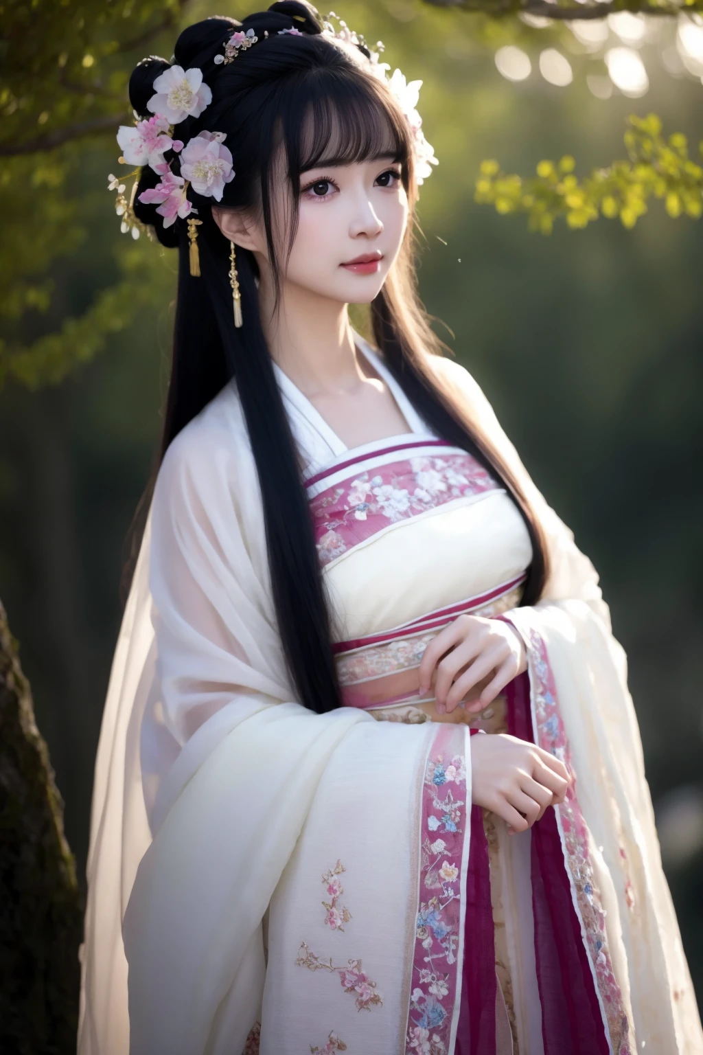 HDR,UHD,8K,best quality,realistic,masterpiece,Highly detailed,1girl,solo,realistic,breasts,looking at viewer,bangs,hair ornament,black hair,smile,black eyes,hair flower,upper body,closed mouth,lips,blunt bangs,long hair,hanfu,longfeihanfu,professional lighting, lighting,outdoors,