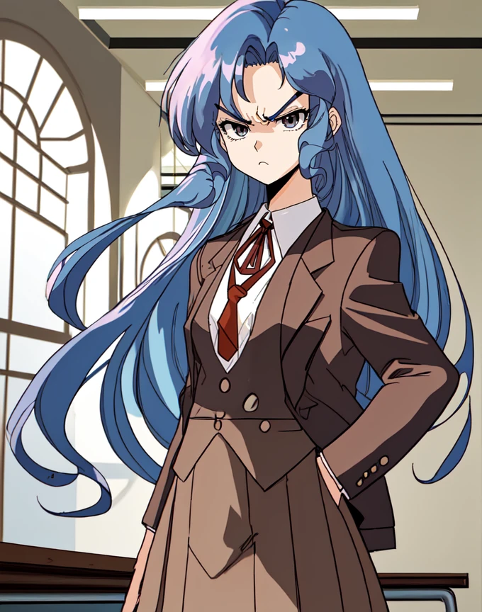 high res, b-ko, 1girl, blue hair, small eyes, long hair, curled bangs, upper body, school uniform, brow jacket, brown skirt, necktie, indoors at school, angry ,  <lora:Project_A-Ko-000013:1.0>