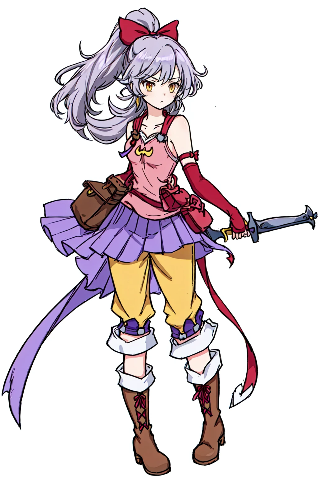 AdelleFFTA, 1girl, solo, long hair, simple background, gloves, white background, bow, ribbon, holding, bare shoulders, standing, full body, yellow eyes, ponytail, weapon, purple hair, hair bow, grey hair, boots, pants, fingerless gloves, red bow, brown footwear, pouch, <lora:Adelle_FFTA-09:0.6>