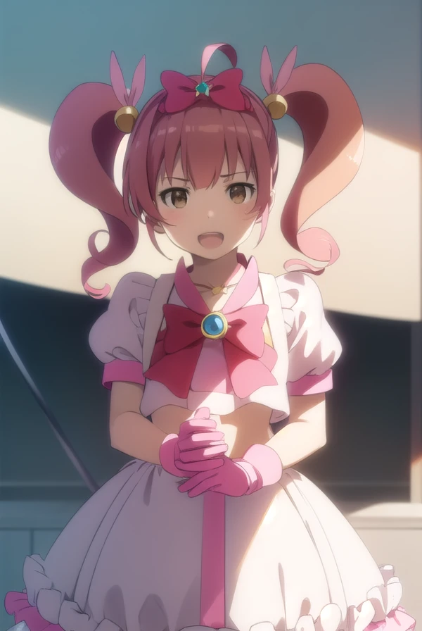 meruru, <lora:meruru s2-lora-nochekaiser:1>,
meruru, twintails, pink hair, ahoge, hair bow, (brown eyes:1.5), smile, open mouth,
BREAK skirt, gloves, bow, cosplay, magical girl, frills, puffy sleeves,
BREAK outdoors, city,
BREAK looking at viewer, (cowboy shot:1.5),
BREAK <lyco:GoodHands-beta2:1>, (masterpiece:1.2), best quality, high resolution, unity 8k wallpaper, (illustration:0.8), (beautiful detailed eyes:1.6), extremely detailed face, perfect lighting, extremely detailed CG, (perfect hands, perfect anatomy),