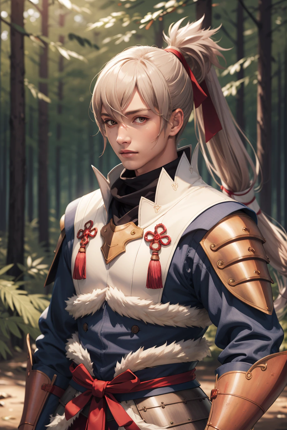 highest quality, masterpiece, realism, detailed background, forest, trees, 1boy, male focus, upper body, looking at viewer, <lora:TakumiFEF-bsinky-v1:0.7> defTakumi, ponytail, long hair, armor, gloves