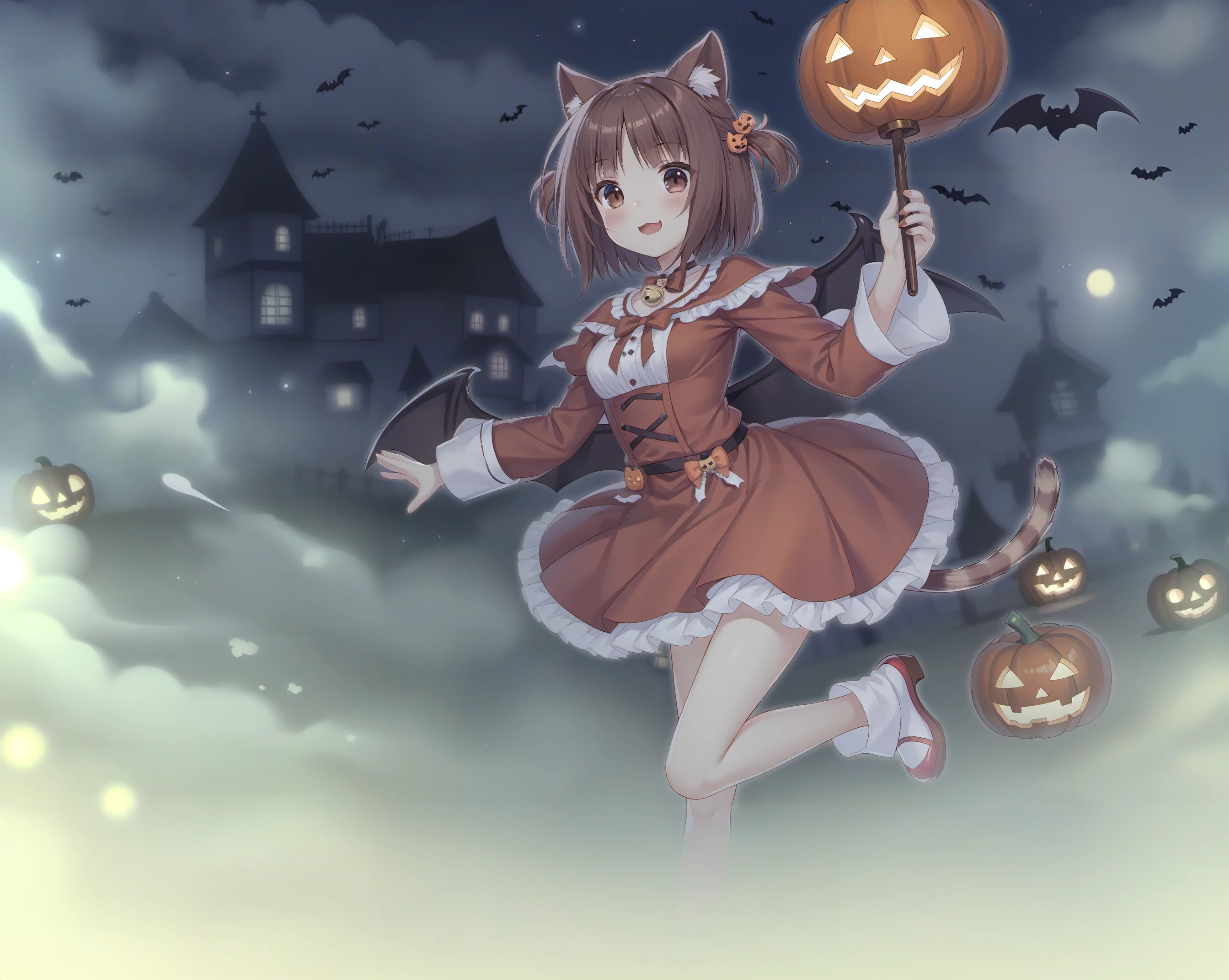 GingerCat in a witch's hat, It has white front paws, And green and brown eyes, pumpkins, Halloween, the bats