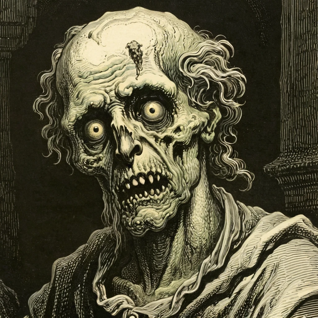 (woodcut illustration:1.2) in detailed gustavedore style, book illustration, crisp even lines, medium contrast, Tenebrism
portrait of Zombie, detailed eyes,
by gustave dore <lora:GustaveDore_StyleXLv6.1:1.0> <lora:xl_more_art-full_v1:0.25> <lora:add-detail-xl:0.45>