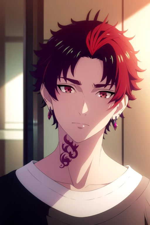 photorealistic, (4k), depth of field, (Masterpiece), (realistic skin texture), extremely detailed, intricate, hyper detailed, high resolution, professional photography, , depth of field, sharp detail, best quality, looking at viewer, 1boy, solo, male focus, <lora:allen_sugasano:0.98>, allen_sugasano, red hair, red eyes, short hair, tattoo, jewelry, earrings