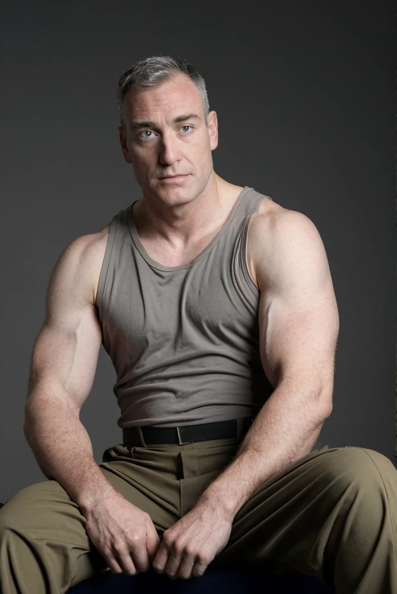 (RAW photo), 1boy, lylerourke, <lora:LyleRourke:0.75>, military uniform, tank top, sitting, grey background, muscular