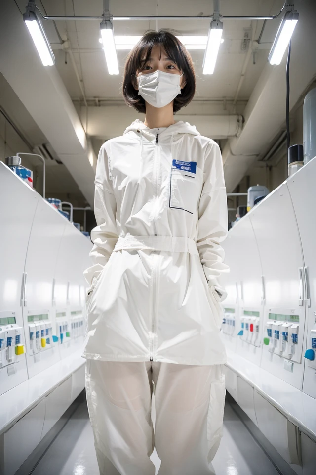 ((Upper body:1.5)) A girl stands in the center with short hair. She is located in a bright and pure white future laboratory tunnel with smooth white walls. Her clothes are cool,casual and British-(with white protective clothing) Chemical suits,chemical protective masks). With her hair partially falling around her face,her pose exudes a sense of freedom and joy,set against the bright white laboratory.,