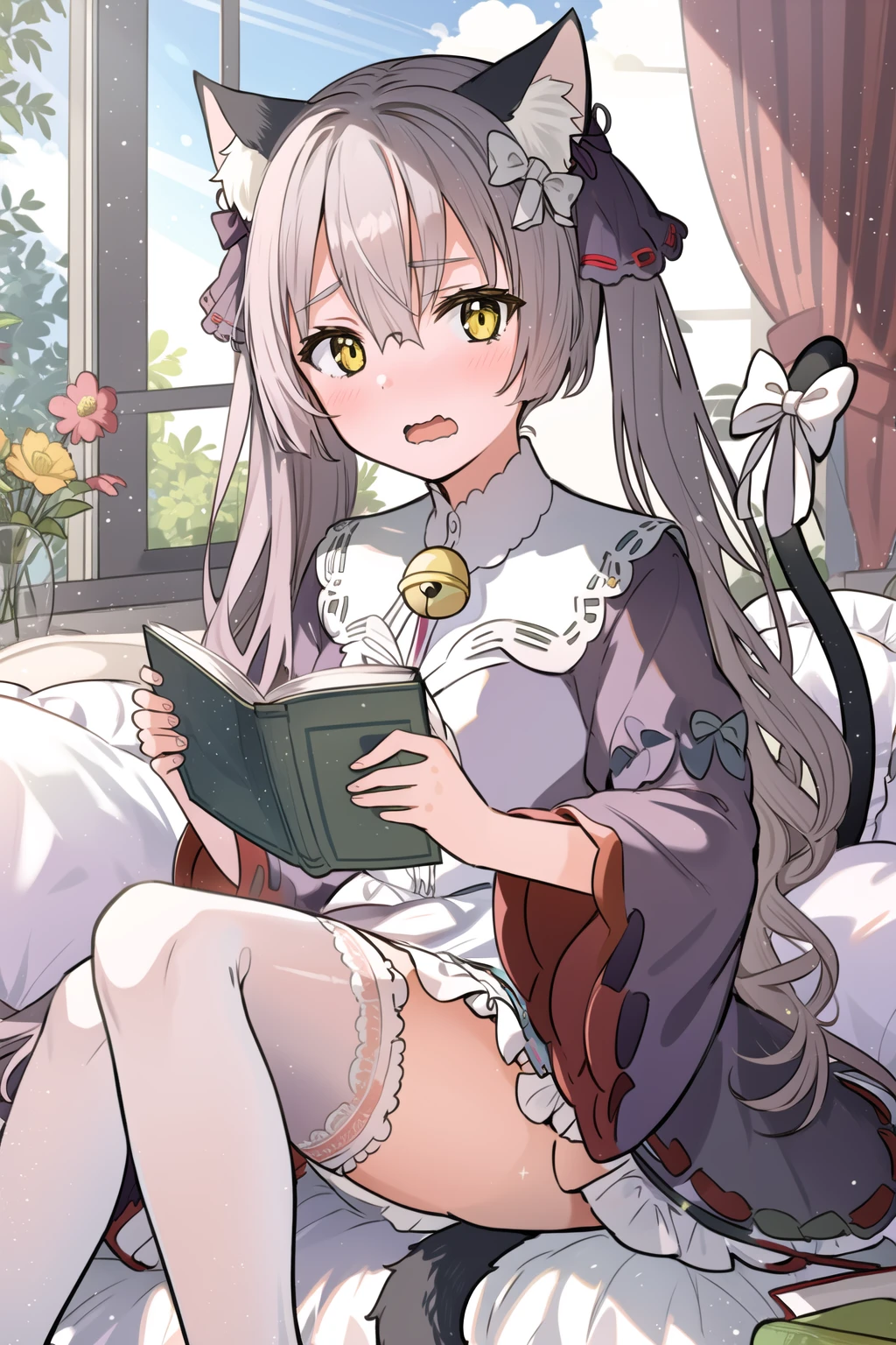 (pajamas), ogasahara hisame \(heaven burns red\), animal ears, cat ears, 1girl, tail, solo, cat tail, open mouth, holding, flower, bow, dress, sitting, indoors, curtains, looking at viewer, thighhighs, frills, blush, cat girl, book, window, white bow, animal ear fluff, tail ornament, long sleeves, vase, white thighhighs, white flower, red flower, fang, pillow, hair bow, bell, ribbon, white dress, wide sleeves, wavy mouth, lace trim, tail bow, frilled pillow, hair between eyes, frilled dress, fingernails, sunlight, holding book, feet out of frame, day, tail raised, <lora:ogasahara_hisame:1>