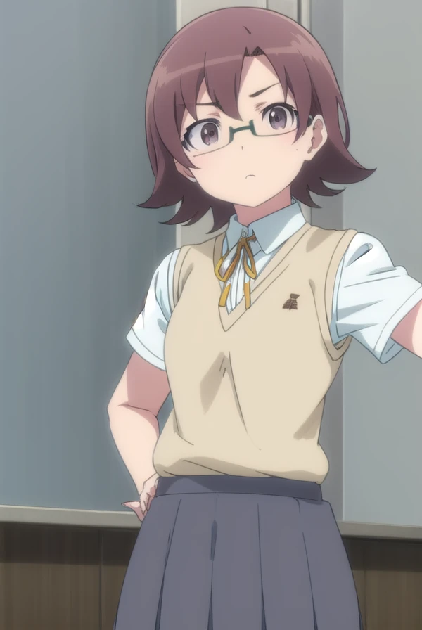 kumikooumae, kumiko oumae, (brown eyes:1.5), brown hair, short hair, wavy hair, (flat chest:1.2),
BREAK blue skirt, bracelet, kitauji high , neckerchief, pink neckerchief, pleated skirt, , serafuku, shirt, short sleeves, skirt, white shirt,
BREAK looking at viewer,
BREAK indoors, classroom,
BREAK (masterpiece:1.2), best quality, high resolution, unity 8k wallpaper, (illustration:0.8), (beautiful detailed eyes:1.6), extremely detailed face, perfect lighting, extremely detailed CG, (perfect hands, perfect anatomy),Nipples are visible