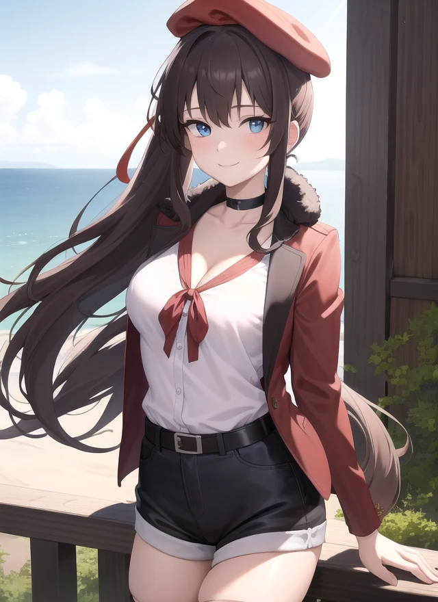 ((masterpiece)),(best quality),official art,extremely detailed CG,unity 8k wallpaper,ultra detailed,beautiful detailed eyes,extremely detailed face,1girl,solo,upper body,looking at viewer,female commander (girls' frontline),termichan (not-a-bot),smile,red beret,very long hair,brown hair,side ponytail,one side up,red headwear,bangs,blue eyes,choker,fur trim,red jacket,open jacket,white shirt,red ribbon,shirt ribbon,large breasts,cleavage,short shorts,black shorts,shorts rolled up,black thighhighs,belt,loafers,<lora:Female-Command(remake):1>,