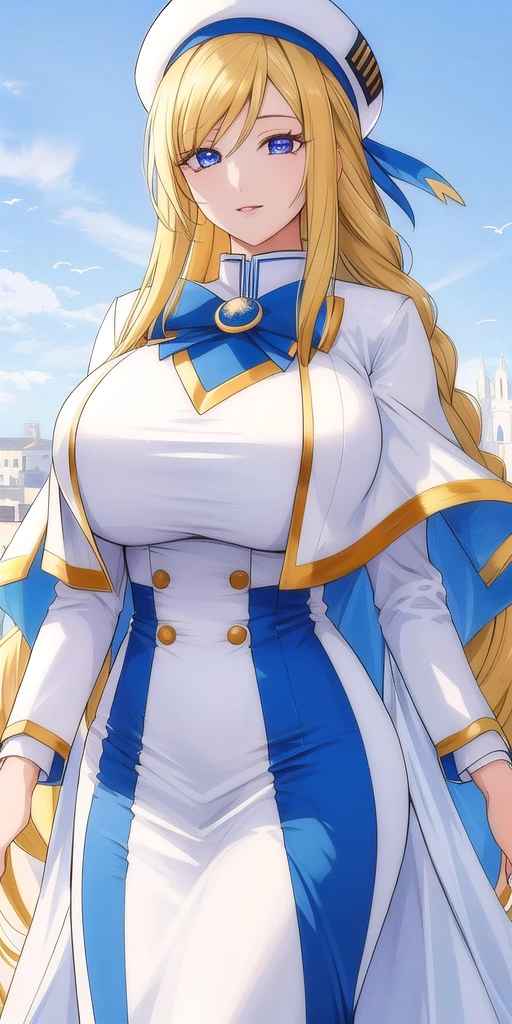 <lora:florence_aliciaV1:0.7> florence_alicia, huge_breasts, standing, solo, Winter_aria_company_uniform_White_long_dress_White_capelet_Blue_bowtie_Long_sleeves_high_collar_Side_slit, White_beret_aria_company_uniform, masterpiece, best quality, detailed face, detailed eyes, highres,