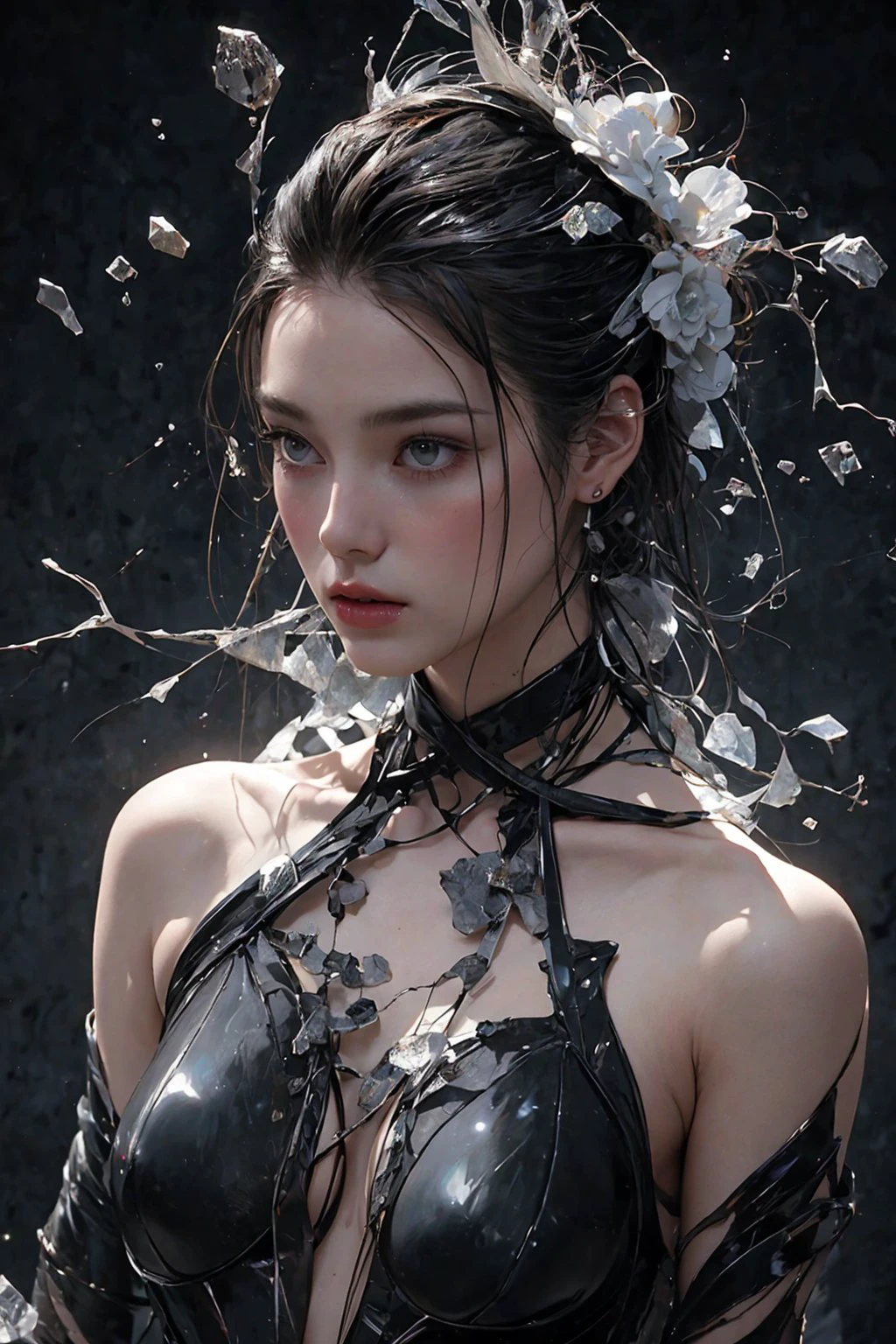 made of glass beautiful porcelain woman breaks apart into small pieces (black background, rimlight) billions of glass fragments hanging in the air around, a masterpiece, 3d visualization, industrial design, fashion, techno fashion, reflection gloss, sharpness, cracks
