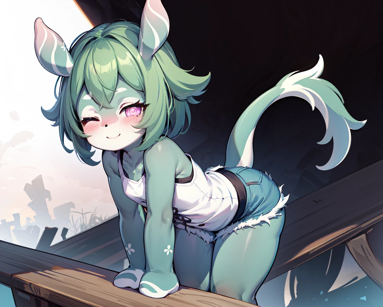 1girl, melusine, green skin, grey hair, pink eyes, straight ears, stubby tail, smile, blush, tank top, denim shorts, (bent over), one eye closed, wink, looking at viewer,
<lora:MelusineV3:1>