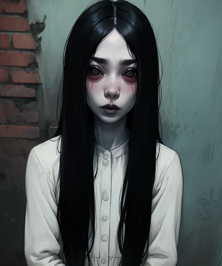 Sadako,long black hair,pale skin,black eyes,
short dirty White dress,sad,hips,looking at viewer,blush,
sitting,
solo,night,
(insanely detailed,masterpiece, best quality),solo,<lora:TheOnryoS-10DBDV8:0.8>,