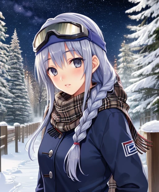 (adult woman), (1girl, solo), (looking at viewer), (ski goggles, goggles on head), (ski cap, ski coat, scarf), (blue hair, braid), (grey eyes), ((trees, slope)), (night, stars), (best quality, high detail), ((masterpiece)), <lora:1_amanesou_20e:1>
