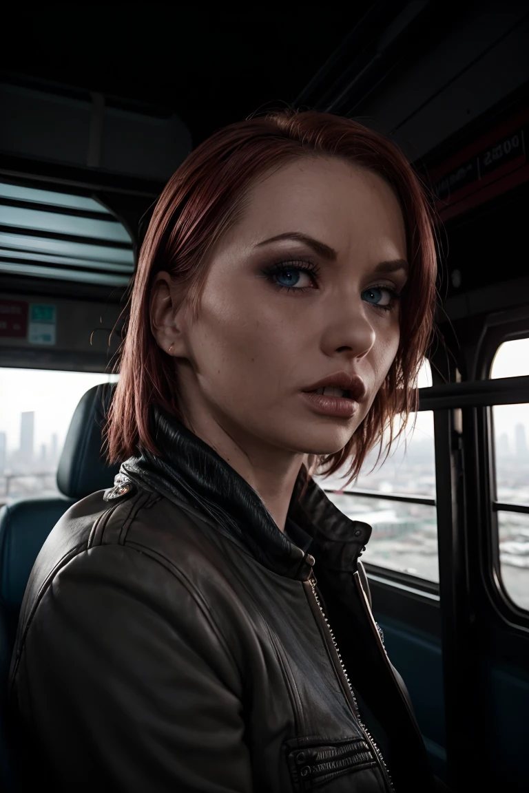 cinematic photo ,(best quality), (detailed) , breathtaking, <lora:quiron_KatjaKassin_v1_Lora:0.97> KatjaKassinQuiron, redhead, a woman, Dystopian style 4K close-up medium shot at dawn, a single woman sitting in a bus, (illuminated blue eyes: 1); the image was taken inside a crowded bus; there is heavy rain, lit skyscrapers, and lightning in the background. Bleak, post-apocalyptic, somber, dramatic, highly detailed . Bleak, post-apocalyptic, somber, dramatic, highly detailed,, . 35mm photograph, film, bokeh, professional, 4k, highly detailed