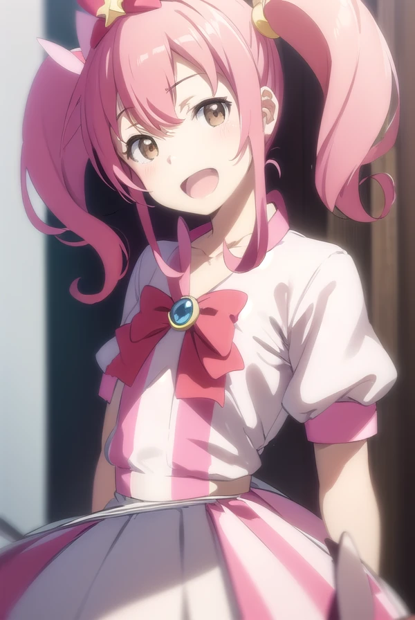 meruru, <lora:meruru s2-lora-nochekaiser:1>,
meruru, twintails, pink hair, ahoge, hair bow, (brown eyes:1.5), smile, open mouth,
BREAK skirt, gloves, bow, cosplay, magical girl, frills, puffy sleeves,
BREAK outdoors, city,
BREAK looking at viewer, (cowboy shot:1.5),
BREAK <lyco:GoodHands-beta2:1>, (masterpiece:1.2), best quality, high resolution, unity 8k wallpaper, (illustration:0.8), (beautiful detailed eyes:1.6), extremely detailed face, perfect lighting, extremely detailed CG, (perfect hands, perfect anatomy),