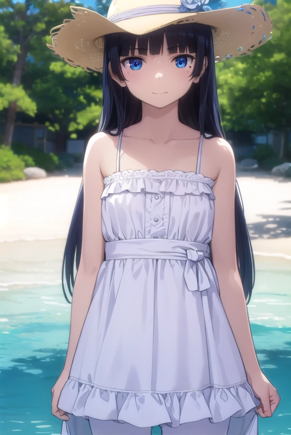 rurigokou, <lora:ruri gokou s2-lora-nochekaiser:1>,
ruri gokou, long hair, black hair, dress, pantyhose, mole, mole under eye, hime cut, smile,
BREAK blue eyes, hat, dress, white dress, sun hat, sundress,
BREAK outdoors, beach,
BREAK looking at viewer, (cowboy shot:1.5),
BREAK <lyco:GoodHands-beta2:1>, (masterpiece:1.2), best quality, high resolution, unity 8k wallpaper, (illustration:0.8), (beautiful detailed eyes:1.6), extremely detailed face, perfect lighting, extremely detailed CG, (perfect hands, perfect anatomy),