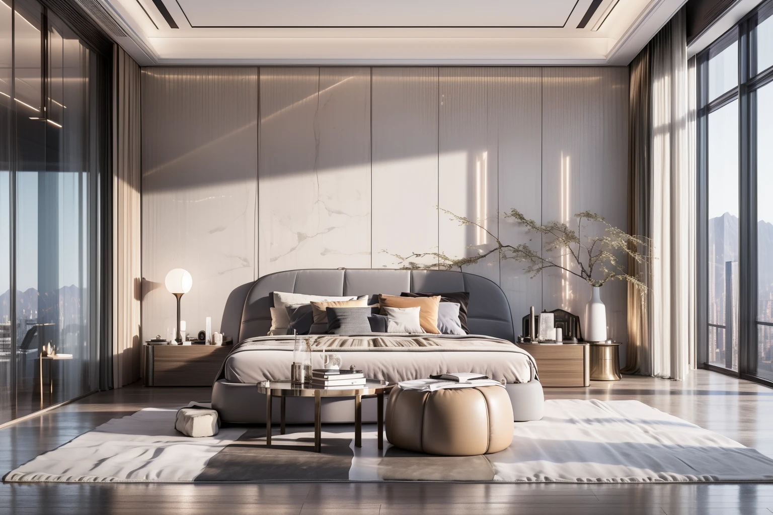 Lao Chen Jingdian, bed, scenery, no humans, window, table, book,interior design, living room, masterpiece,best quality,unreal engine 5 rendering,movie light,movie lens,movie special effects,detailed details,HDR,UHD,8K,