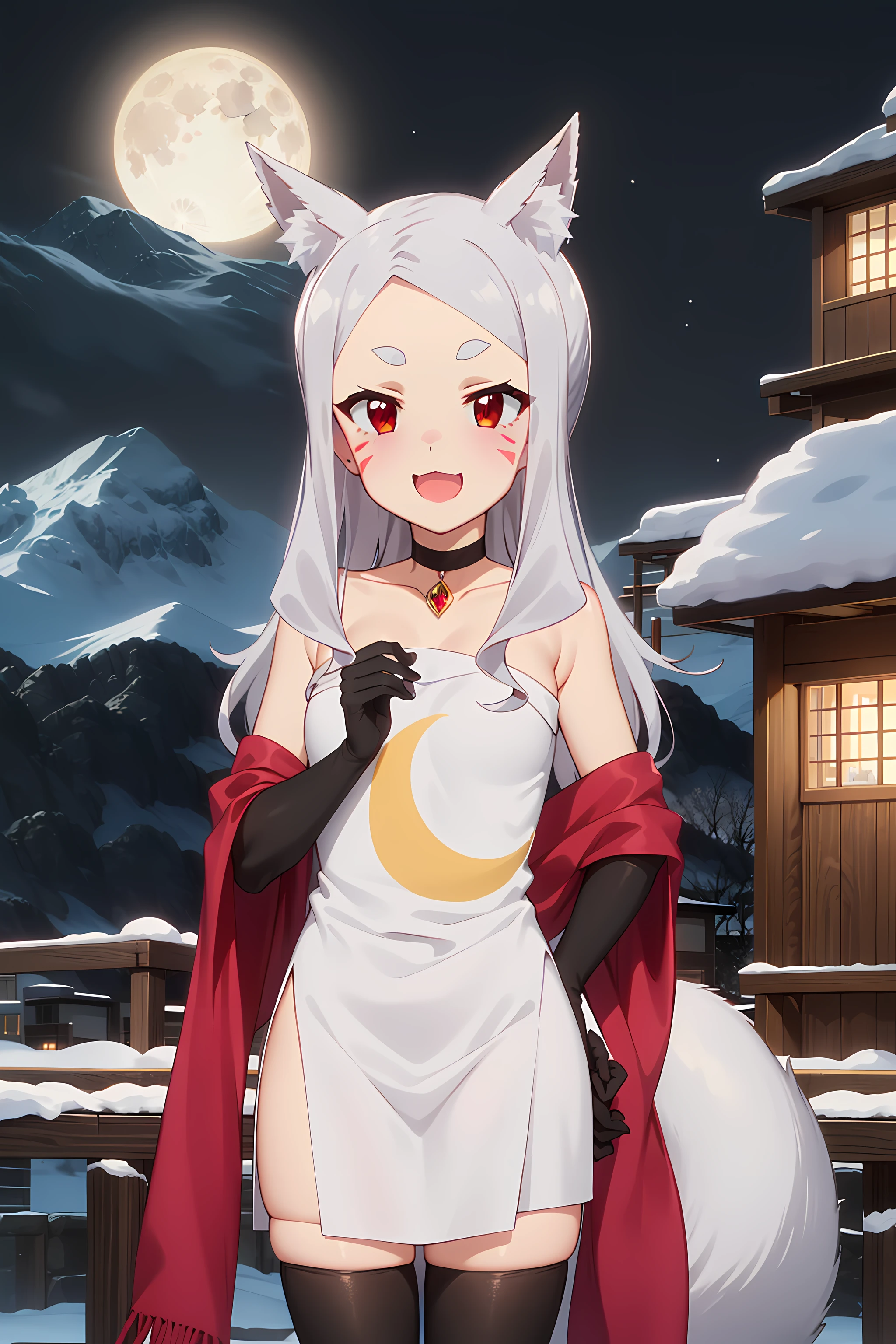 best quality, masterpiece, detailed,
<lora:SewayakiKitsune_Shiro:0.8>, KitsuneShiro,
1girl, light smile, :3, open mouth,
grey hair, red eyes, long hair, fox ears, fox tail, whisker markings, thick eyebrows,
ShiroDress, white dress, crescent print, (shawl:1.2), choker, jewelry, black thighhighs, elbow gloves,
standing, looking at viewer,
outdoors, moon, night, winter, snow, mountains