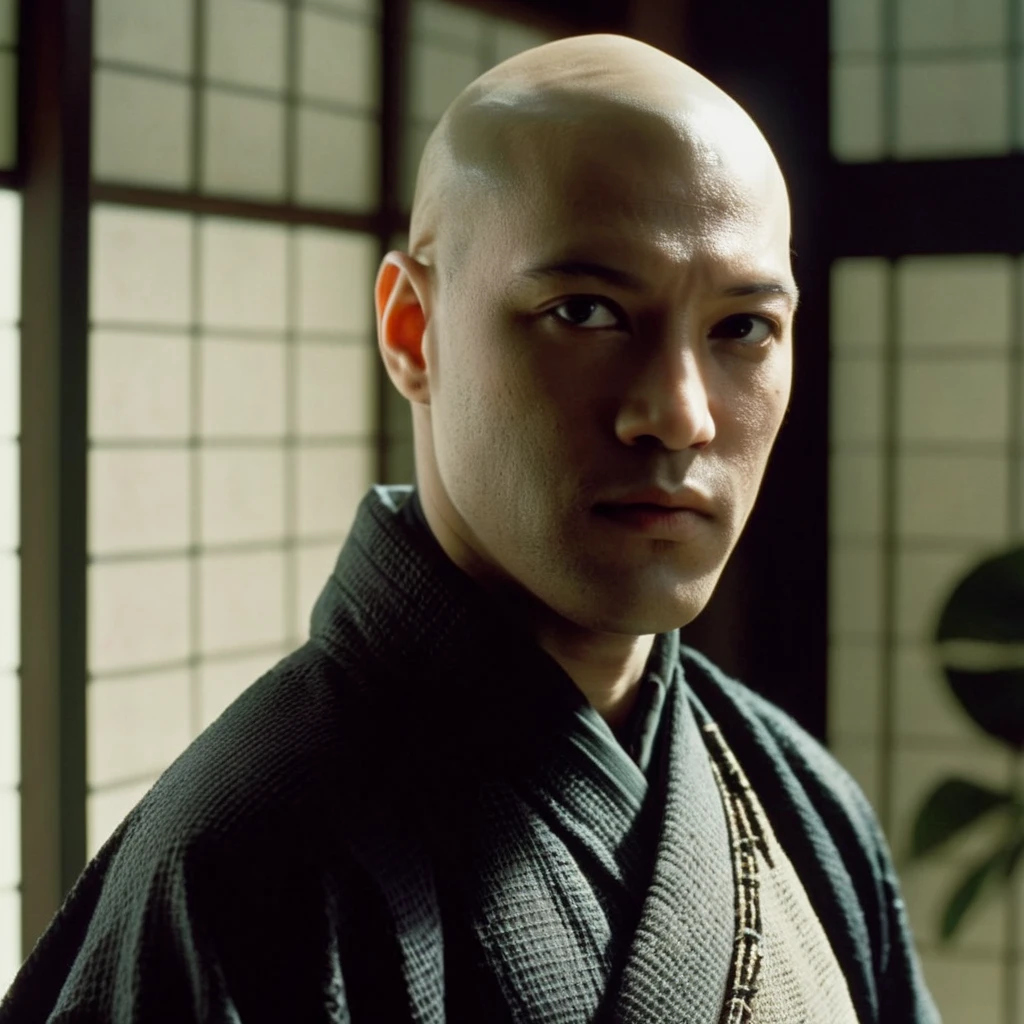 cinematic film still of <lora:The Matrix Style:1>
Morpheus solo, 1boy, upper body, male focus, japanese clothes, indoors, kimono, facial hair, realistic, bald The Matrix Style, shallow depth of field, vignette, highly detailed, high budget, bokeh, cinemascope, moody, epic, gorgeous, film grain, grainy