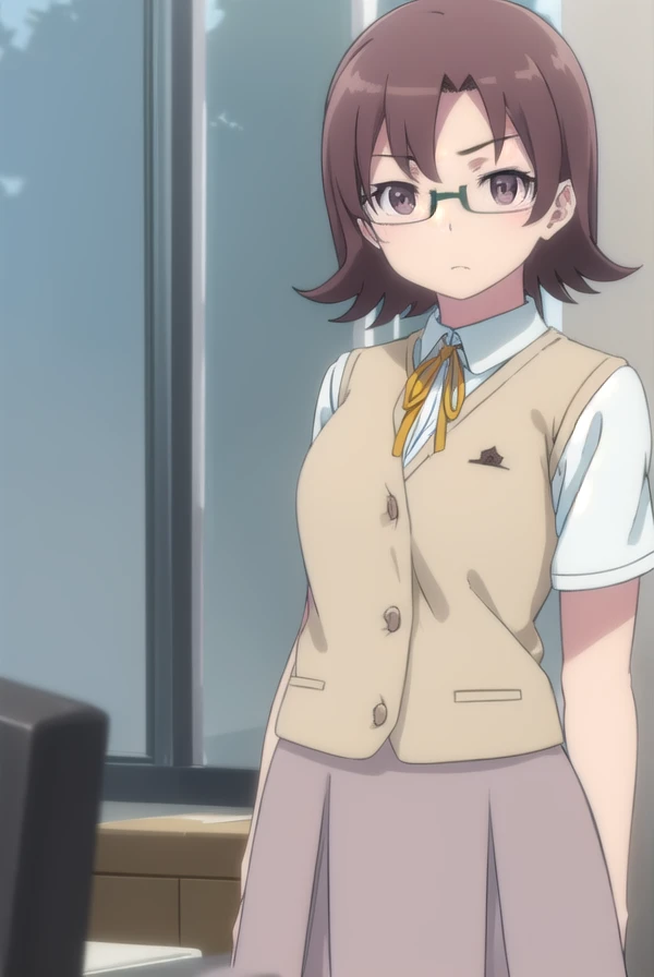 senaakagi, <lora:sena akagi s2-lora-nochekaiser:1>,
sena akagi, short hair, brown hair, glasses, (brown eyes:1.5),
BREAK skirt, ribbon, school uniform, blazer, grey skirt, shirt, white shirt, collared shirt,
BREAK indoors, classroom,
BREAK looking at viewer, (cowboy shot:1.5),
BREAK <lyco:GoodHands-beta2:1>, (masterpiece:1.2), best quality, high resolution, unity 8k wallpaper, (illustration:0.8), (beautiful detailed eyes:1.6), extremely detailed face, perfect lighting, extremely detailed CG, (perfect hands, perfect anatomy),