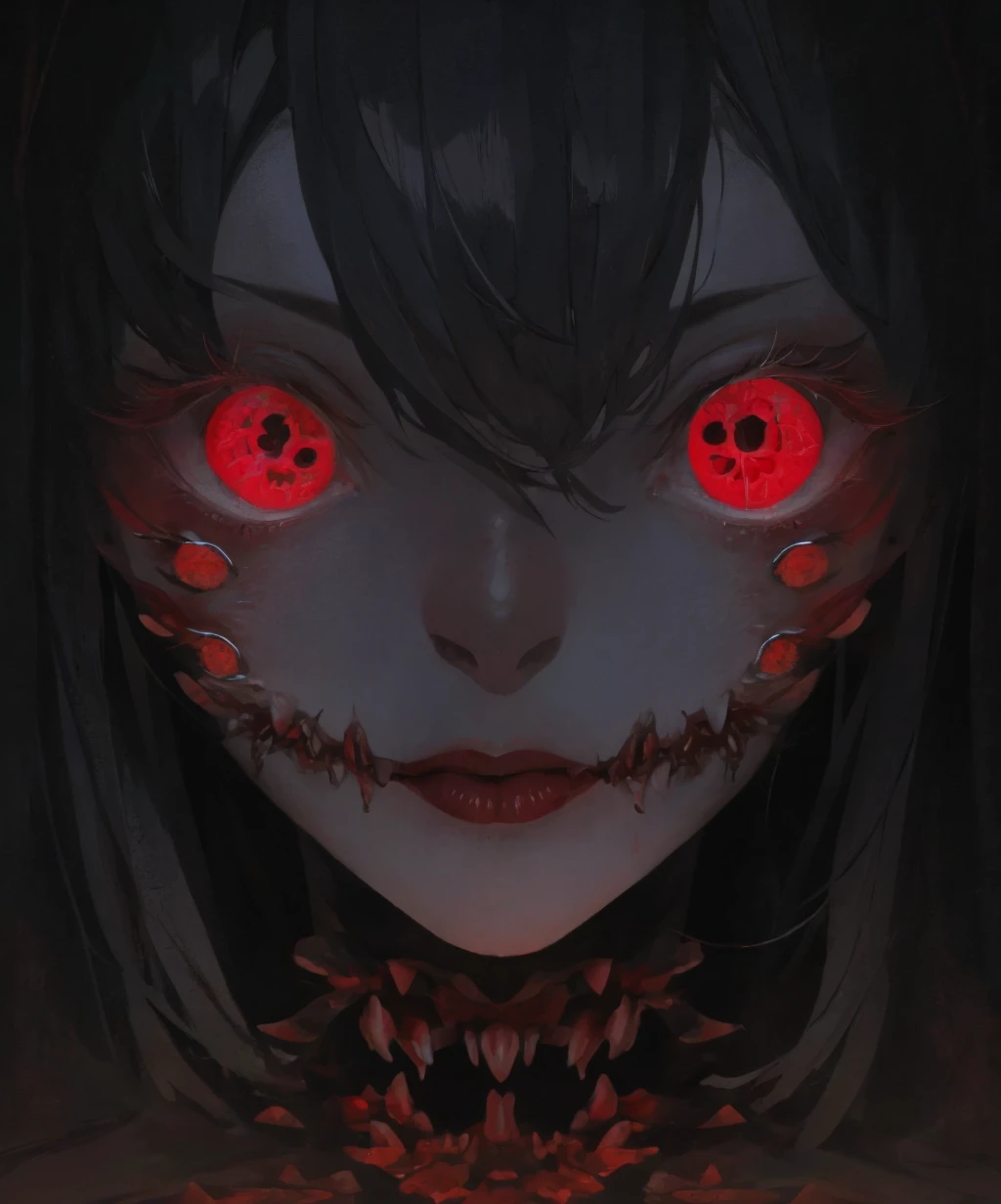 abo, horror, 1girl, solo, long hair, looking at viewer, red eyes, shadow, silhouette, eye focus, <lora:abo-10:2>