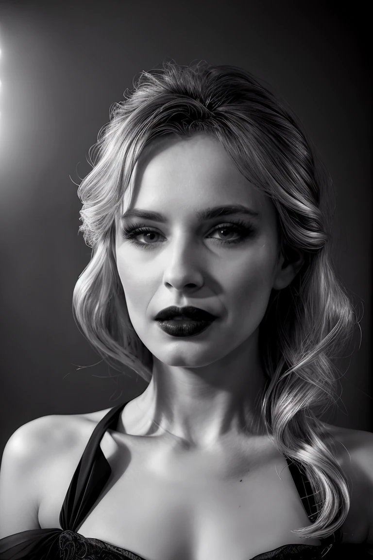 photograph, realistic, stock photo, (headshot:1.3), Woman, elegant dress, dark lipstick, sleek hairstyle, high heels, dramatic lighting, sensuality, boldness, Helmut Newton, Irving Penn, black and white, glamour, sophistication, curves, lines, texture, chiaroscuro, expressionism, Art Deco, vintage, seductive., < <lora:quiron_JillianJanson_v2_Lora:0.77> JillianJansonQuiron, blond hair,