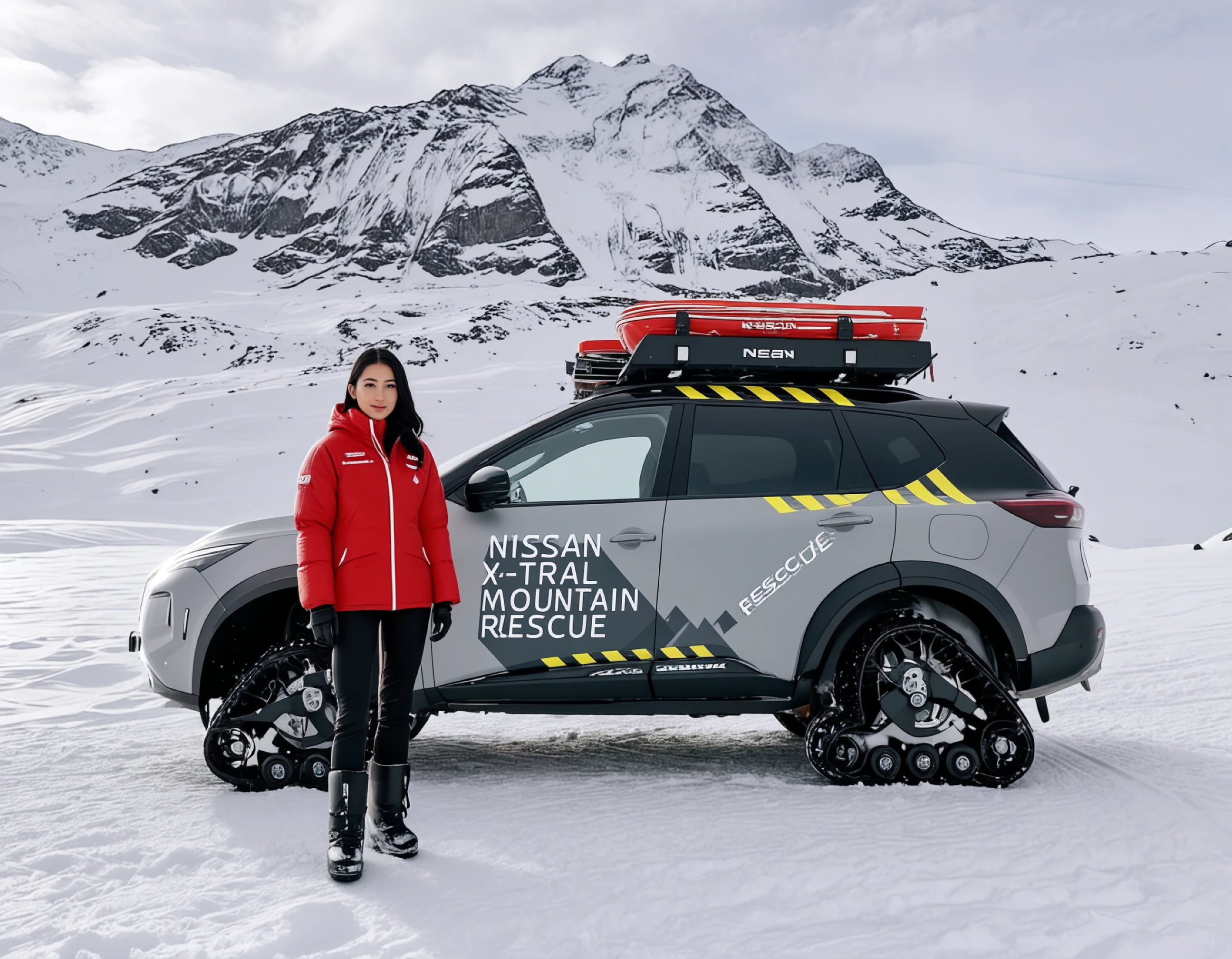 hot asian (woman:1.15), (standing in front of a car:1.1),  long braid, (white bodysuit:1.15),seductive, crouching pose, (pink moonboots:1.1), printed text on boots, snow background, fashion advertisement, price tag
NXMR, A red and grey Nissan X-Trail with "MOUNTAIN RESCUE" written on the side is equipped with tracks instead of wheels,The vehicle has additional lights on the roof rack