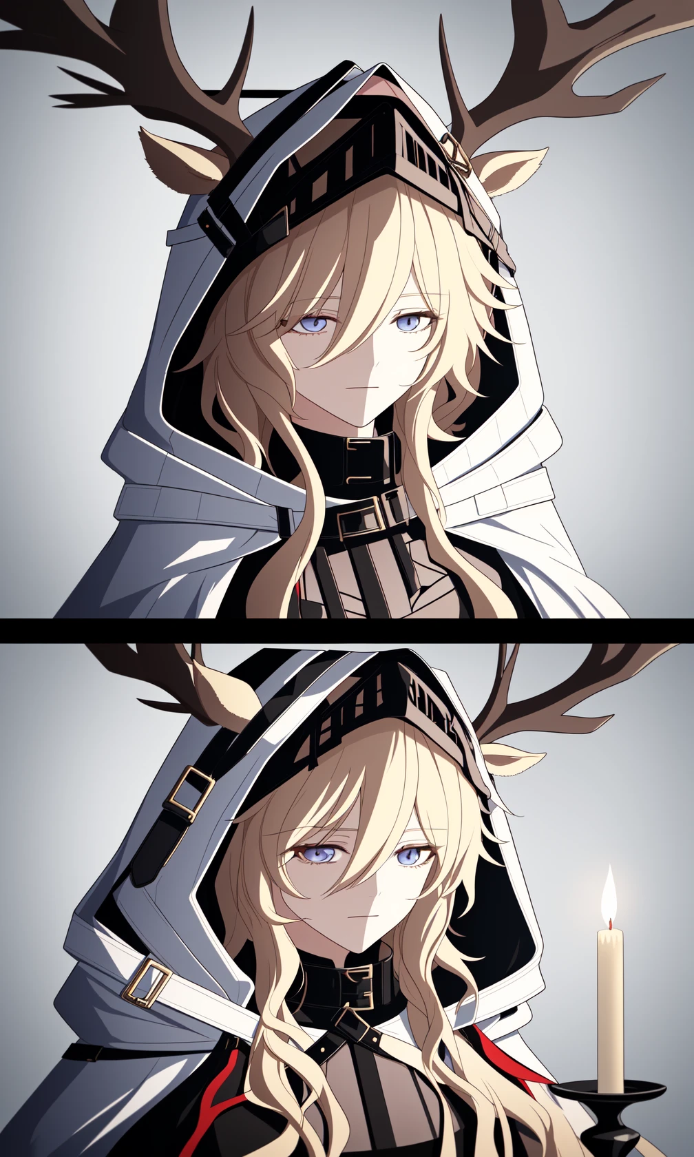 viviana \\\(arknights\\\),long hair,blonde hair,animal ears,deer ears,hood,bangs,hood up,hooded cape,cape,hair between eyes,ears through headwear,white cape,dress,blue eyes,black dress,gloves,candle,<lora:èèå®å¨:1>,