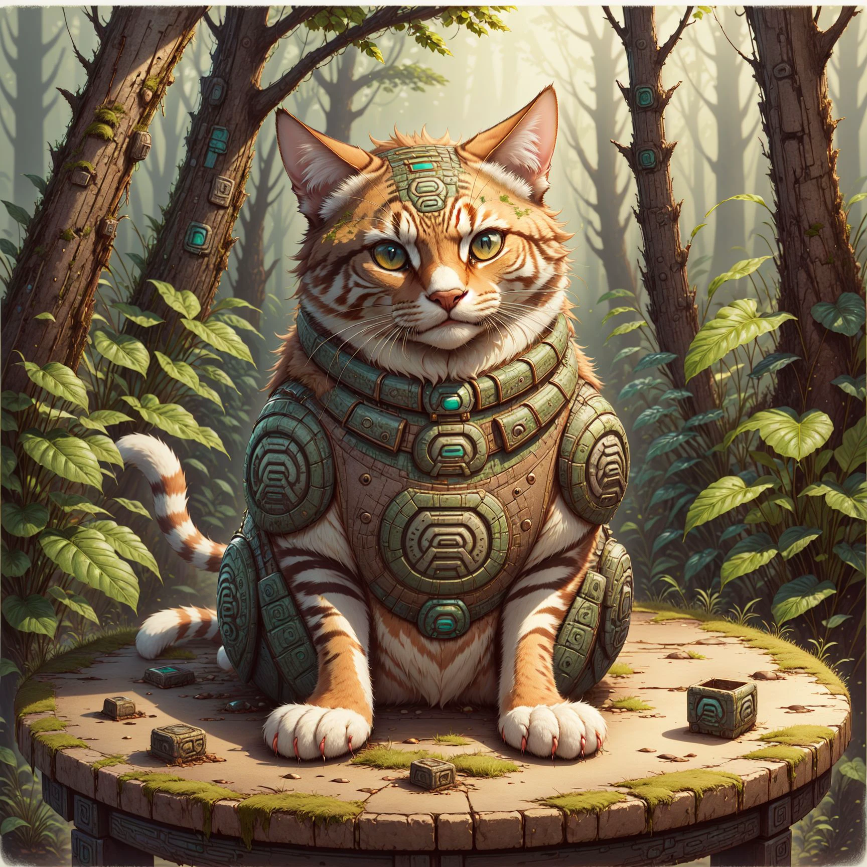 <lora:AztecWorld:1> masterpiece, best quality, aztecworld, armoured, cat sitting on a table,