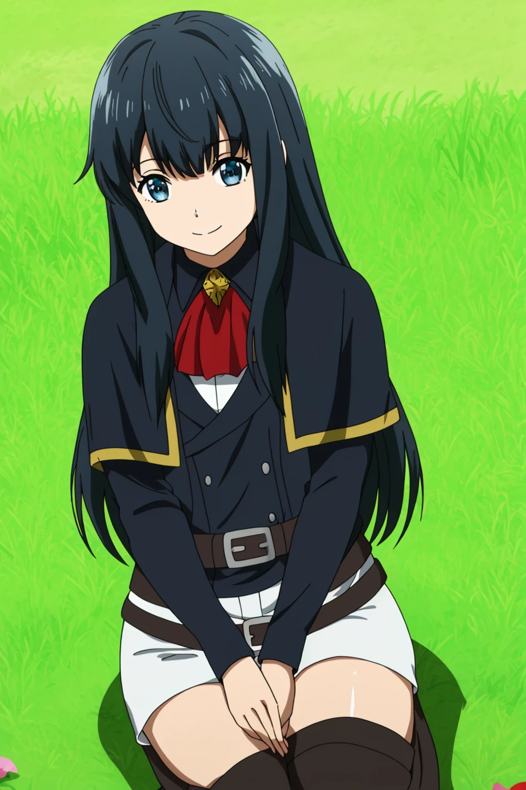sysdeep_suzune, 1girl, solo, long_hair, smile, bangs, blue_eyes, black_hair, thighhighs, long_sleeves, sitting, closed_mouth, jacket, boots, outdoors, shorts, day, belt, black_thighhighs, uniform, shiny_hair, black_shirt, ascot, capelet, grass, seiza, white_shorts, red_ascot, hands_on_lap