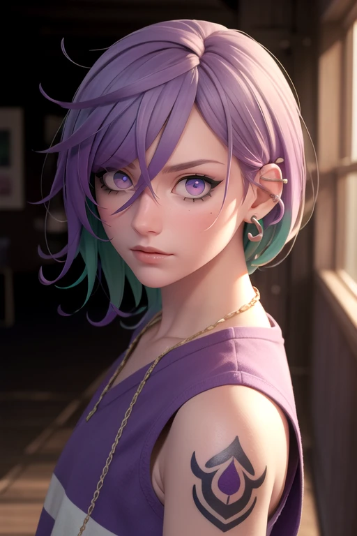 photorealistic, (4k), depth of field, (Masterpiece), (realistic skin texture), extremely detailed, intricate, hyper detailed, high resolution, professional photography, , depth of field, sharp detail, best quality, looking at viewer, 1boy, solo, male focus, <lora:kanata_yatonokami:0.82>, kanata_yatonokami, purple hair, purple eyes, , multicolored eyes, short hair, hair between eyes, streaked hair, tattoo, jewelry, earrings, luau costume, science fiction detective,