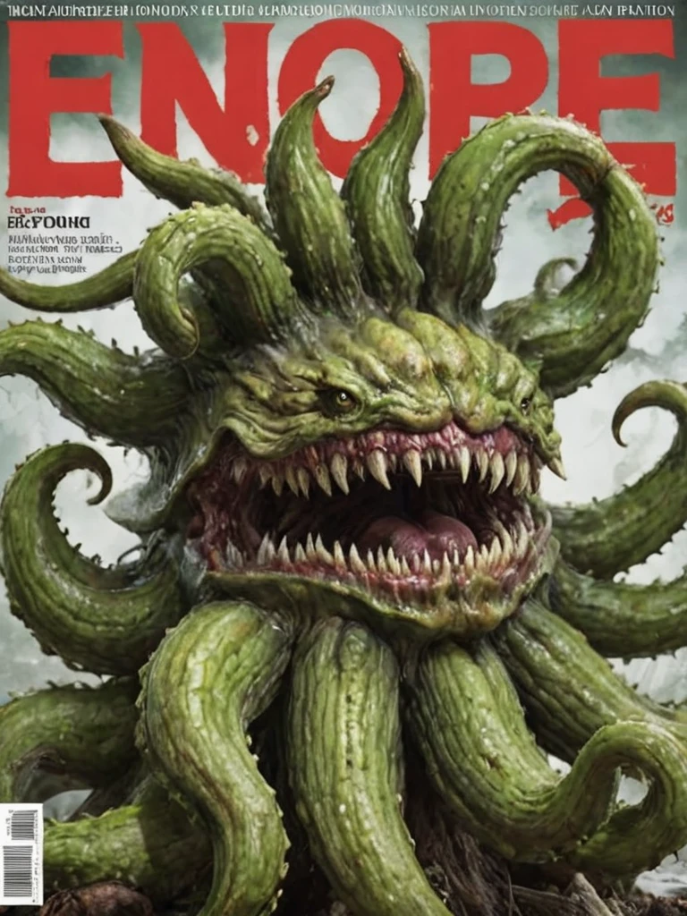 a green (morbol:1.5) with sharp teeth sporting an epic tentacle (beard and mustache:0.5) posing as a (model:0.5) on a magazine, composition, cover magazine, professional photo, <lora:- SDXL -_ff_morbol_V1.0:.7>, <lora:- SDXL - brdanmu_ beard_mustache_V1.0:0.9>