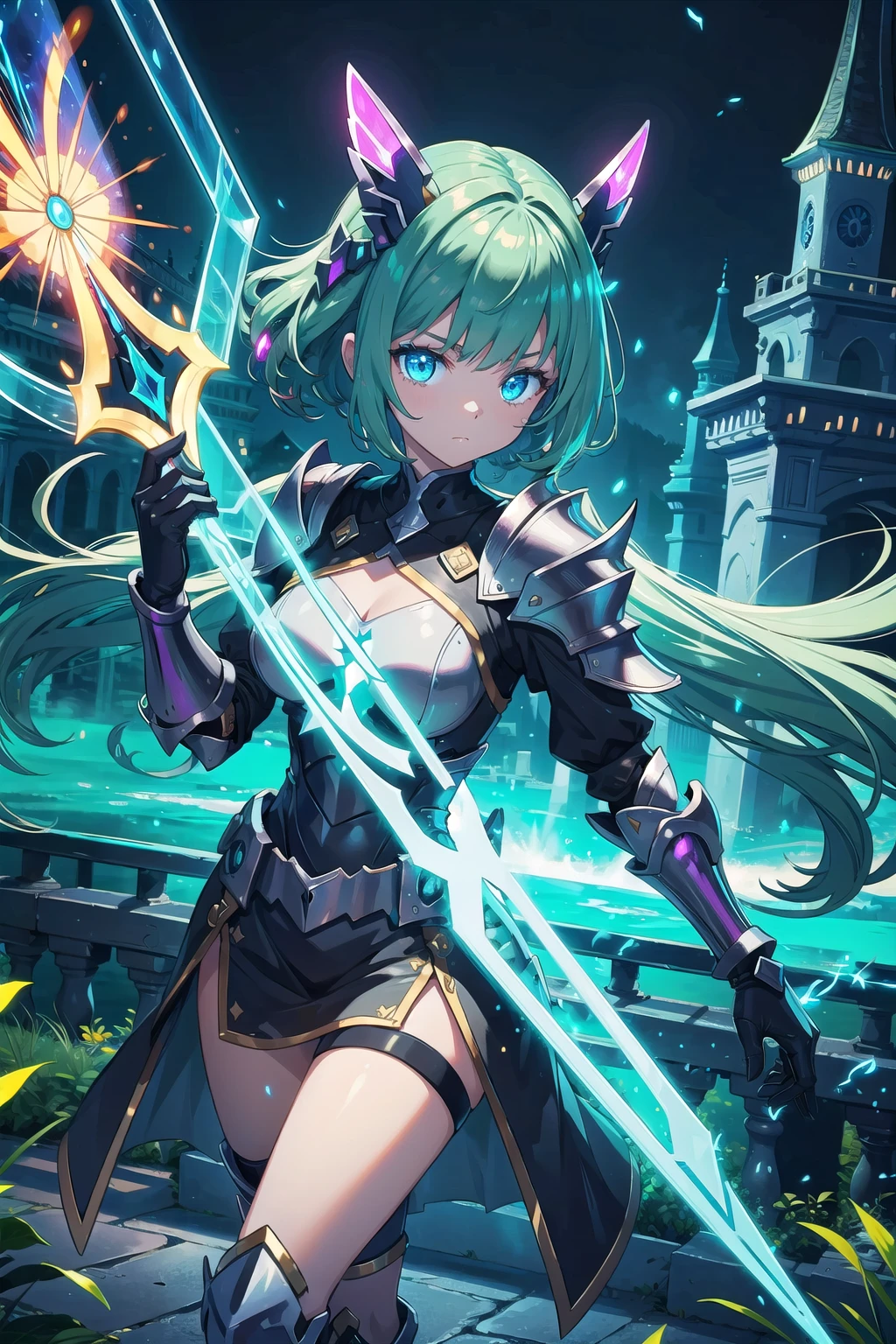 (masterpiece), 1girl, knight, energy sword, glowing, fantasy, epic